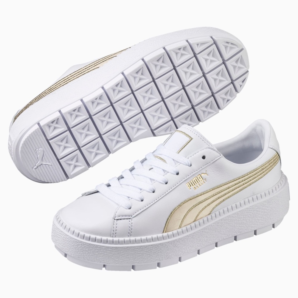 Puma White and Gold Platform Trace Varsity Women's Trainers